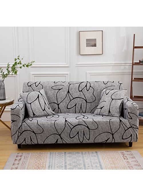 Styleys - Styleys Polyester Printed Sofa Covers Stretchable Couch Cover Sofa Slipcovers (2 Seater, 140-180 cms, SLMH-100, Grey White Shaded/Black Flower) - Image 1