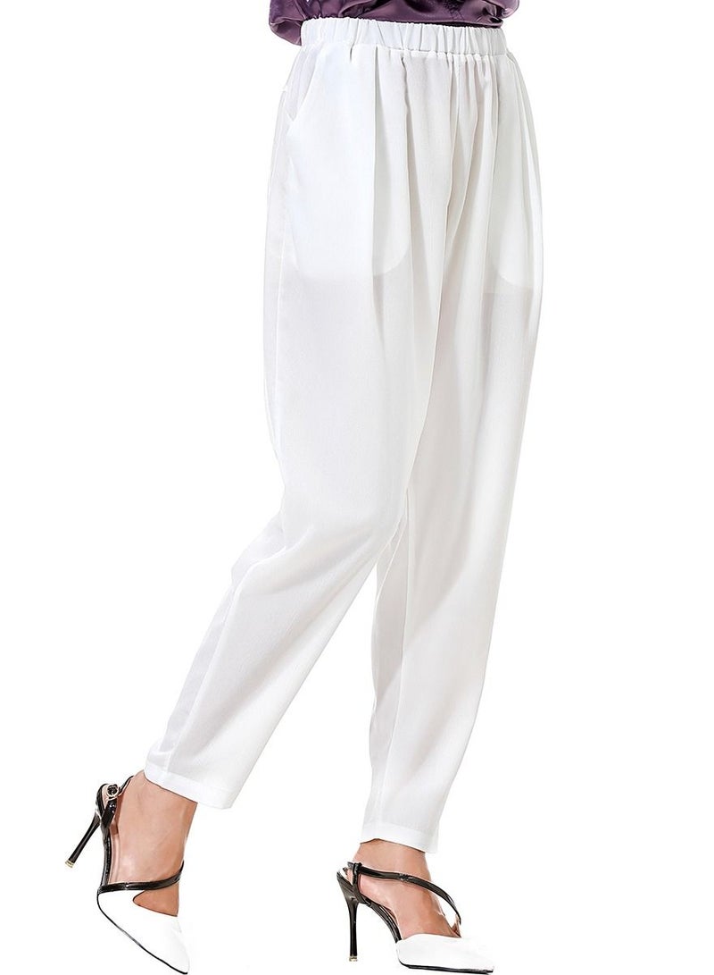 Loquat Women's Solid Color Elastic Waistband Harem Pants Comforty Loose Casual Pants White  - Image 2