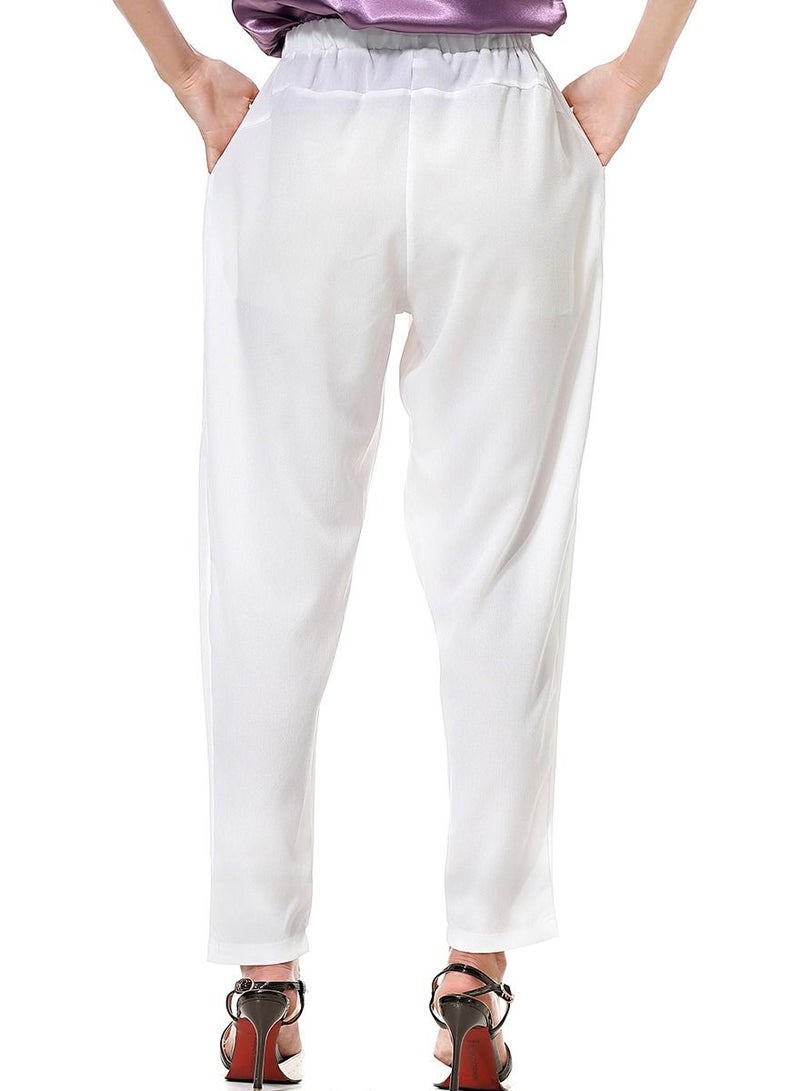 Loquat Women's Solid Color Elastic Waistband Harem Pants Comforty Loose Casual Pants White  - Image 3