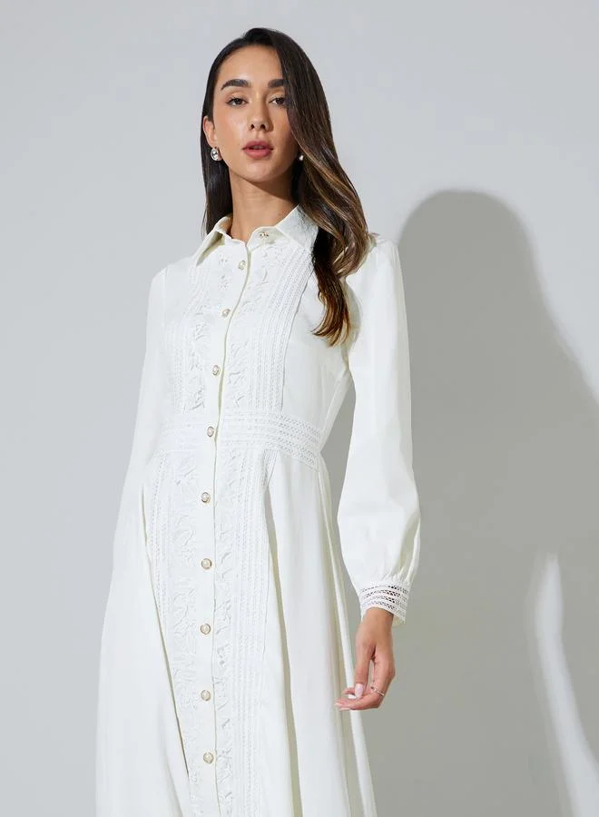 ستايلي Off White Lace Trim Shirt Maxi Dress