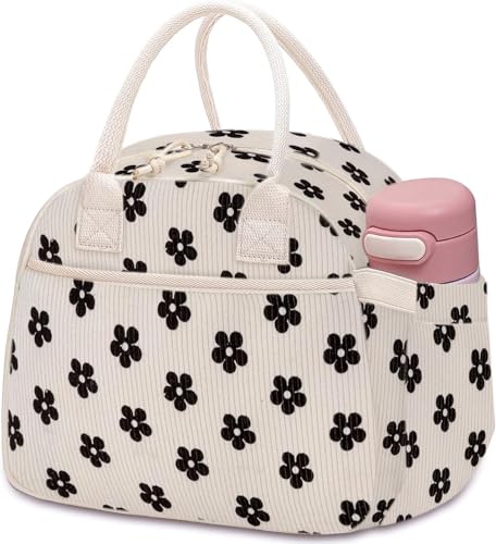 Carry bloom Lunch Box for Women Insulated Lunch Bag Cute Corduroy Lunchbag Reusable Lunchbox for Work flower black - Image 1