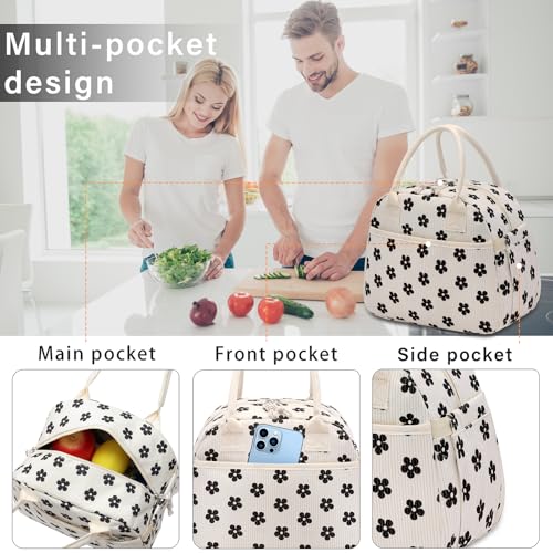 Carry bloom Lunch Box for Women Insulated Lunch Bag Cute Corduroy Lunchbag Reusable Lunchbox for Work flower black - Image 3