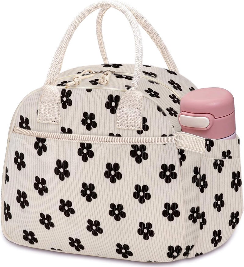 Carry bloom Lunch Box for Women Insulated Lunch Bag Cute Corduroy Lunchbag Reusable Lunchbox for Work flower black - Image 2