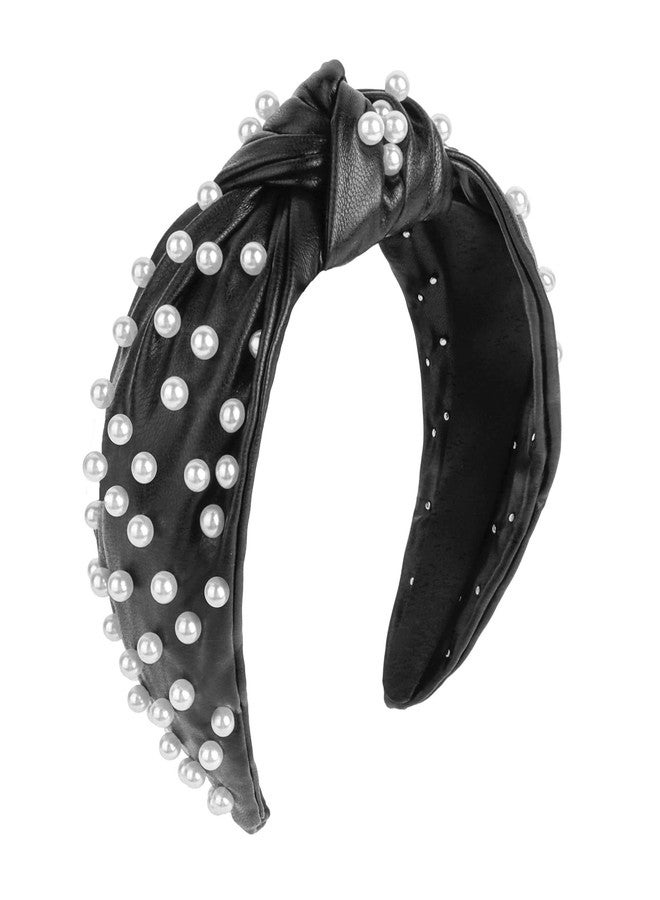 YISSION Pearl Knotted Headband Non Slip Leather Beaded Headbands for women Wide Jeweled Embellished Hairband Black Headband Hair Accessories for Women Girls (White Pearl) - Image 1
