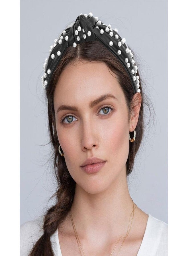 YISSION Pearl Knotted Headband Non Slip Leather Beaded Headbands for women Wide Jeweled Embellished Hairband Black Headband Hair Accessories for Women Girls (White Pearl) - Image 3