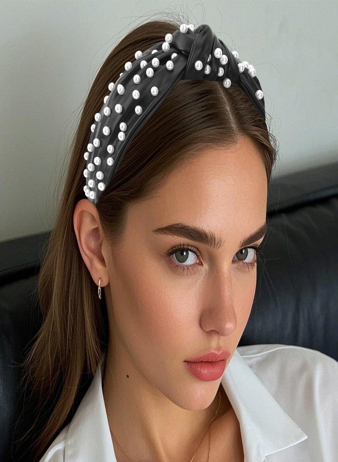 YISSION Pearl Knotted Headband Non Slip Leather Beaded Headbands for women Wide Jeweled Embellished Hairband Black Headband Hair Accessories for Women Girls (White Pearl) - Image 2