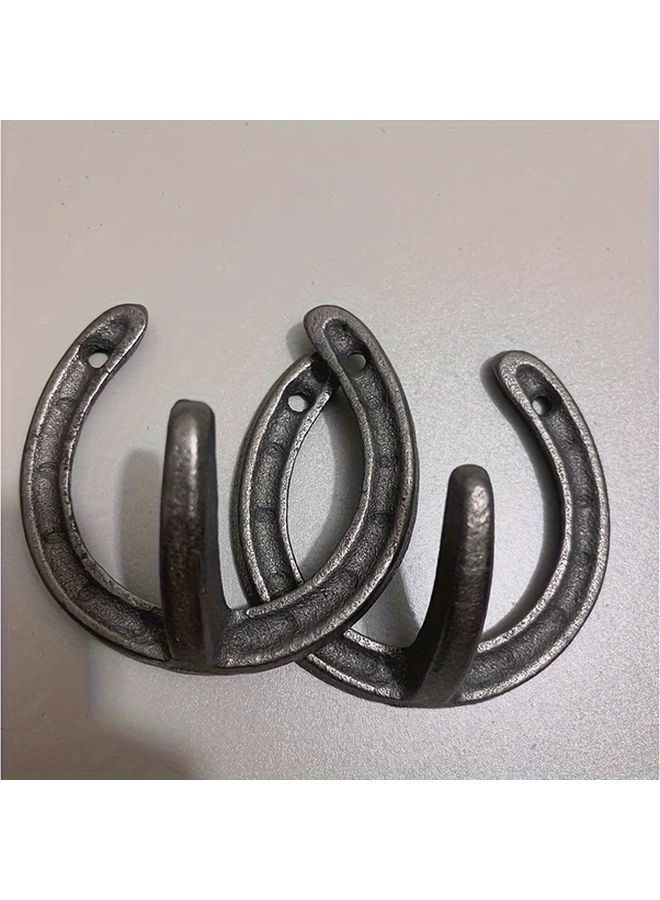 Set of 2 Rustic Cast Iron Horse Shoe Hooks for Garden Home Decoration Wall Mounted Metal - Image 2