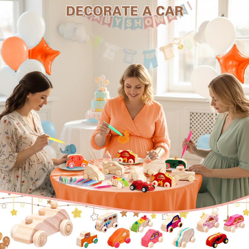 HI-BOOM Hiboom 75 Pcs Baby Shower Wood DIY Car Set Includes 50 Unfinished Wooden Car Block to Paint 24 Makers 1 Game Sign for Decorate Gift Block Game 10 Style(Brown Bear) - Image 5