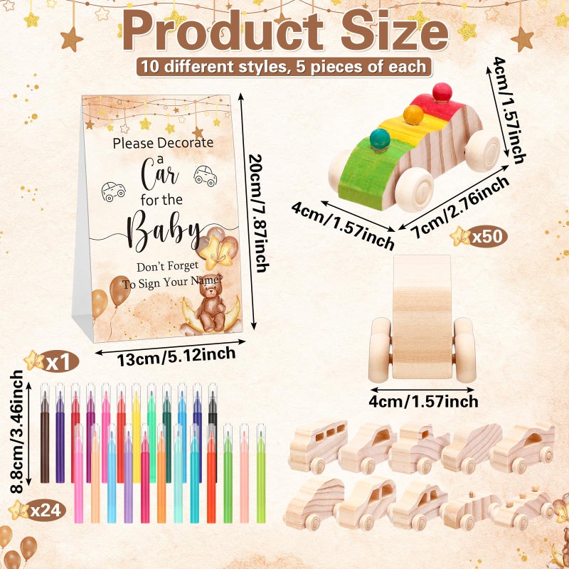 HI-BOOM Hiboom 75 Pcs Baby Shower Wood DIY Car Set Includes 50 Unfinished Wooden Car Block to Paint 24 Makers 1 Game Sign for Decorate Gift Block Game 10 Style(Brown Bear) - Image 2