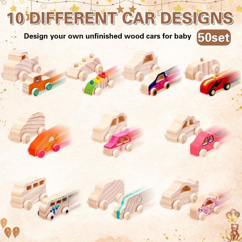 HI-BOOM Hiboom 75 Pcs Baby Shower Wood DIY Car Set Includes 50 Unfinished Wooden Car Block to Paint 24 Makers 1 Game Sign for Decorate Gift Block Game 10 Style(Brown Bear) - Image 3