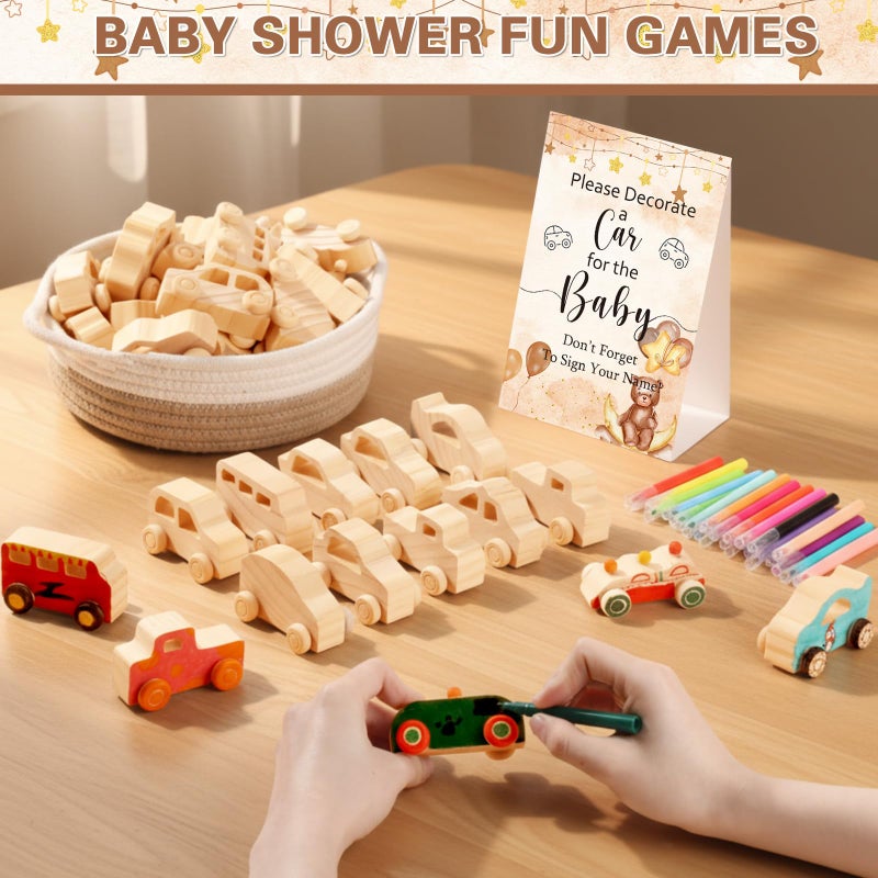 HI-BOOM Hiboom 75 Pcs Baby Shower Wood DIY Car Set Includes 50 Unfinished Wooden Car Block to Paint 24 Makers 1 Game Sign for Decorate Gift Block Game 10 Style(Brown Bear) - Image 4