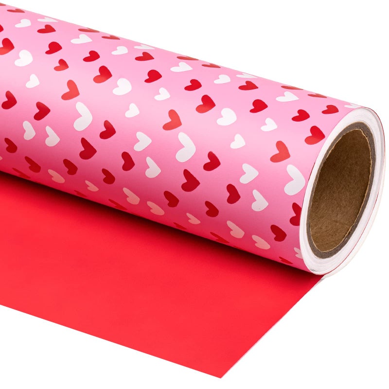 WRAPAHOLIC Reversible Valentine's Day Wrapping Paper - Mini Roll - 17 Inch X 33 Feet - Pink and Red Heart Design for Valentine's Day, Anniversary, Birthday, Wedding, Baby Shower - Image 1