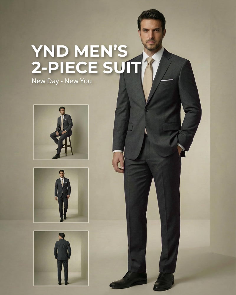 YND Men's 2 Piece Suit with Tie, One Button Slim Fit Solid Jacket and Pants Set, Suits for Men Prom Party Wedding & Business, Deep Grey - Image 2