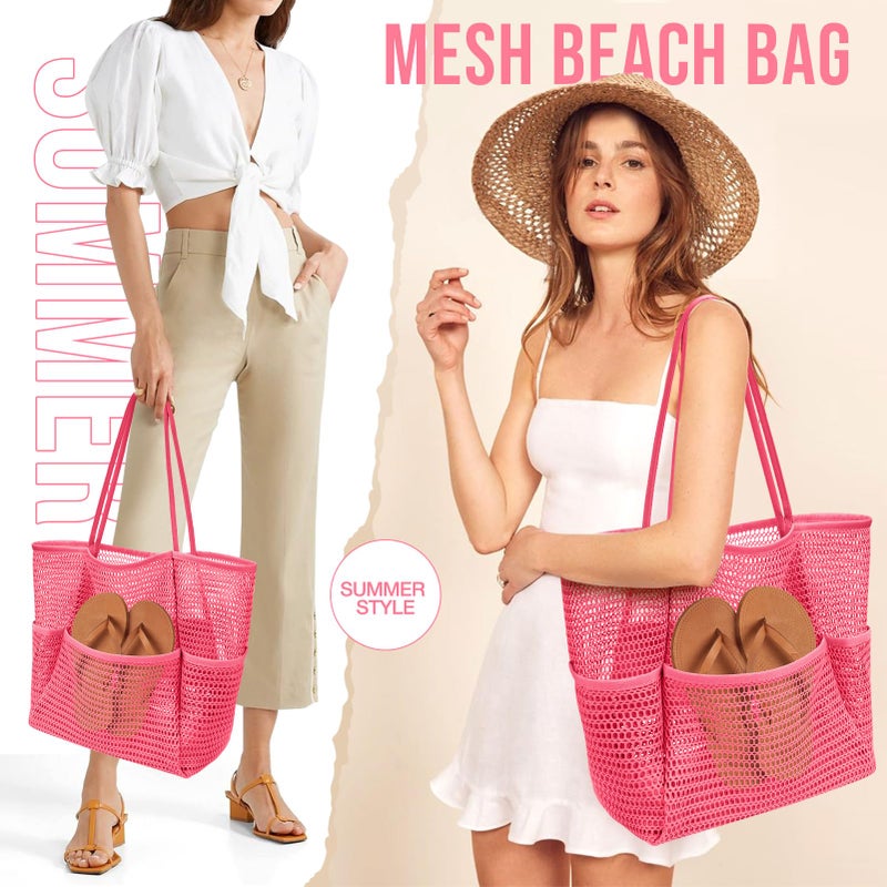 KPX Beach Bag with Mini Pocket, Beach Tote Bags for Women Large Foldable Mesh Swimming Pool Travel Bags - Sandproof (Rose) - Image 3