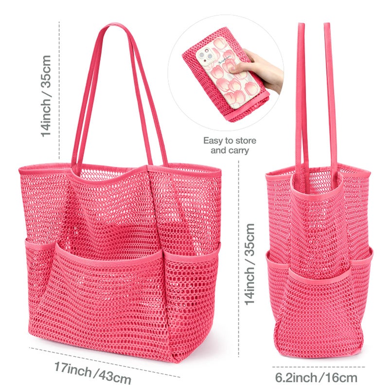 KPX Beach Bag with Mini Pocket, Beach Tote Bags for Women Large Foldable Mesh Swimming Pool Travel Bags - Sandproof (Rose) - Image 2