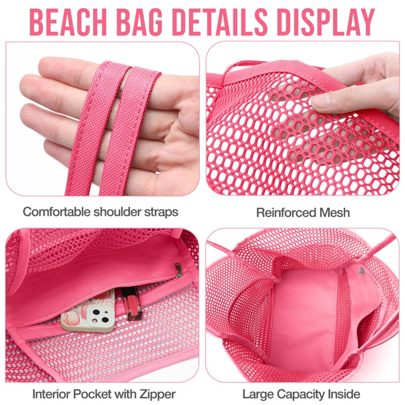 KPX Beach Bag with Mini Pocket, Beach Tote Bags for Women Large Foldable Mesh Swimming Pool Travel Bags - Sandproof (Rose) - Image 5