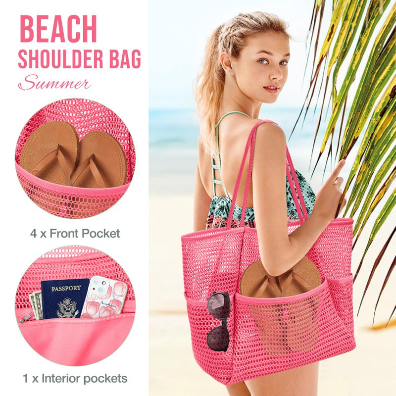 KPX Beach Bag with Mini Pocket, Beach Tote Bags for Women Large Foldable Mesh Swimming Pool Travel Bags - Sandproof (Rose) - Image 4