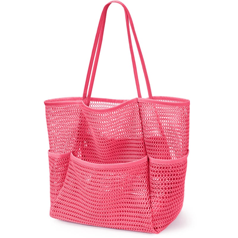 KPX Beach Bag with Mini Pocket, Beach Tote Bags for Women Large Foldable Mesh Swimming Pool Travel Bags - Sandproof (Rose) - Image 1