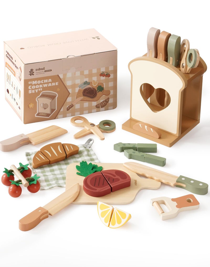 ROBUD 16pcs Kids Play Kitchen Knife Set Wooden Cooking Playset MontessoriInspired Pretend Kitchen Toys for Toddlers Role Play Gift for Boys and Girls - Image 3