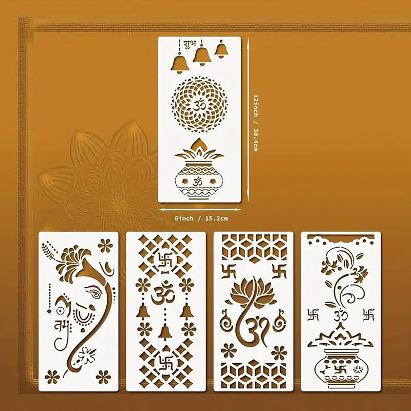 CLITHS Set of 5 Reusable Indian Symbol Stencils - 12x6 Inch Plastic Painting Template for Wall, Rangoli, Floor, Fabric, Tile, Canvas, and Furniture DIY Home Decor & Festive Mandir Art - Image 2