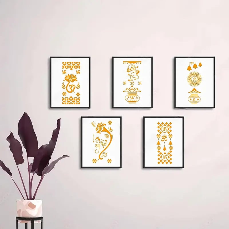 CLITHS Set of 5 Reusable Indian Symbol Stencils - 12x6 Inch Plastic Painting Template for Wall, Rangoli, Floor, Fabric, Tile, Canvas, and Furniture DIY Home Decor & Festive Mandir Art - Image 4