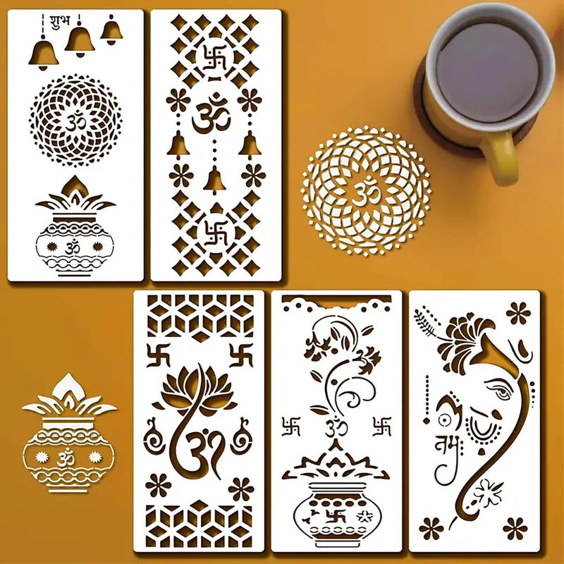 CLITHS Set of 5 Reusable Indian Symbol Stencils - 12x6 Inch Plastic Painting Template for Wall, Rangoli, Floor, Fabric, Tile, Canvas, and Furniture DIY Home Decor & Festive Mandir Art - Image 1