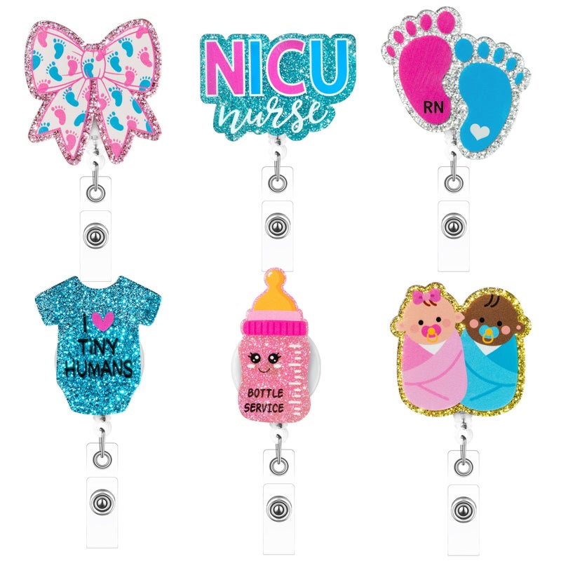 ANGOLIO Nurse NICU Badge Reel - National Nurses Day 6Pcs Funny Retractable Glitter Acrylic Newborn NICU Badge Holders Cute ID Holder Reels Clip for RN Doctors Medical Office Workers Teachers Supplies - Image 1