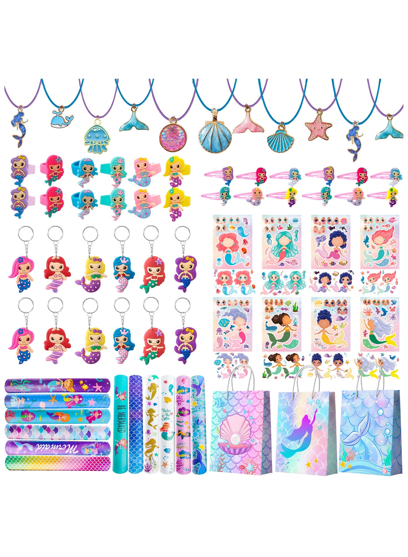 84pcs Mermaid Party Favors for 12 Guests, Mermaid Birthday Rings Keychain Slap Bracelets Bags etc Mermaid Birthday Party Favors for Mermaid Birthday Decorations Supplies