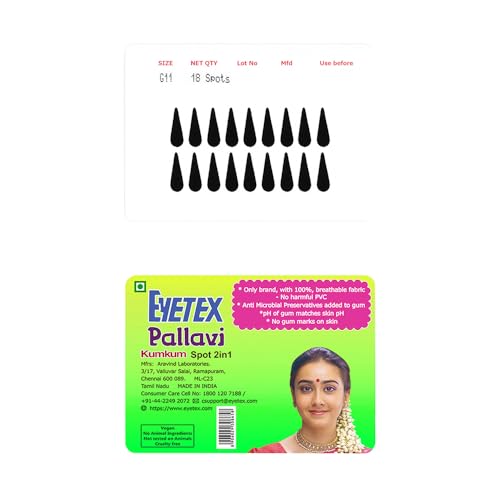 Eyetex Pallavi Sticker Bindi/Pottu|Gopi/Tilak|Aloe Vera & Papaya Extracts|Breathable Non-Irritating Velvet Fabric|G11|Black|20 Flaps - Image 1