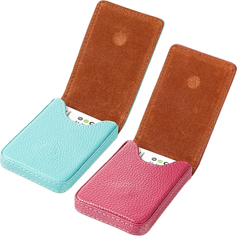 Outus 2 Pieces Business Card Holder, PU Leather Business Card Case Pocket Wallet with Magnetic Shut for Valentines Gift Men Women(Pink and Green,Classic) - Image 1