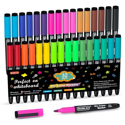 Shuttle Art Dry Erase Markers 32 Pack 16 Colors Magnetic Whiteboard Markers with Erase Fine Point Dry Erase Markers Perfect For Writing on WhiteboardsMirrors for School Office Home - Image 1