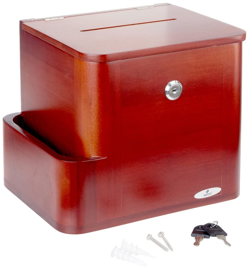 Safco 4237CY Bamboo Suggestion, Donation, Voting and More Box, Lock, Key and Storage Slot Included, Cherry - Image 1