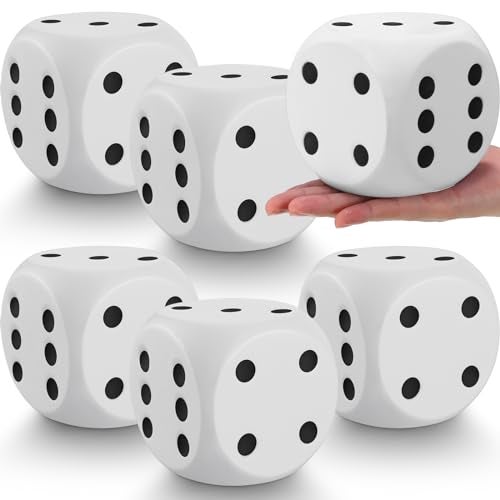 Simgoing 6 Pcs 4 Inch Large Foam Dice Giant Cube with 6 Sided Number Dots Jumbo Soft Slow Big PU Foam Stress Ball for Party Game Math Learning Props Stress Relief GiftsWhite - Image 1