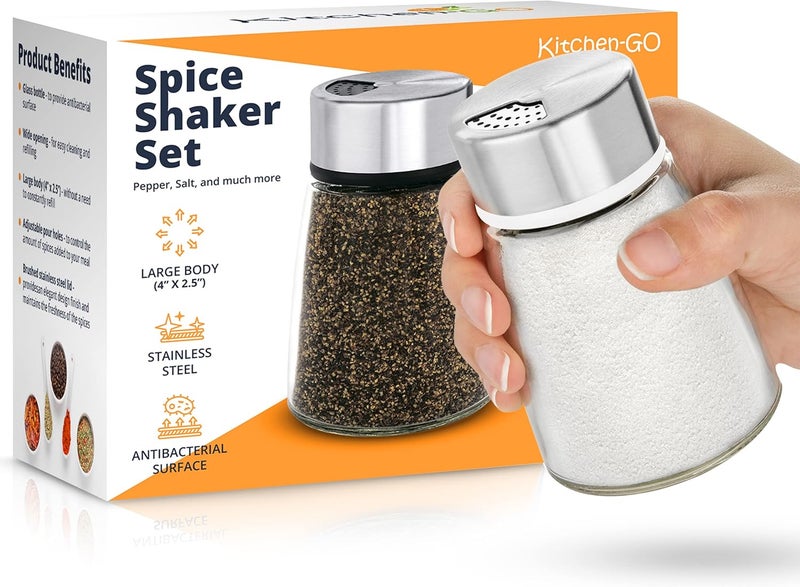Kitchen & Go Salt and Pepper Shakers Set with Adjustable Pour Holes - Stainless Steel Spice Dispenser - Perfect for Pink Himalayan, Table Salt, Black and White Pepper - Image 2