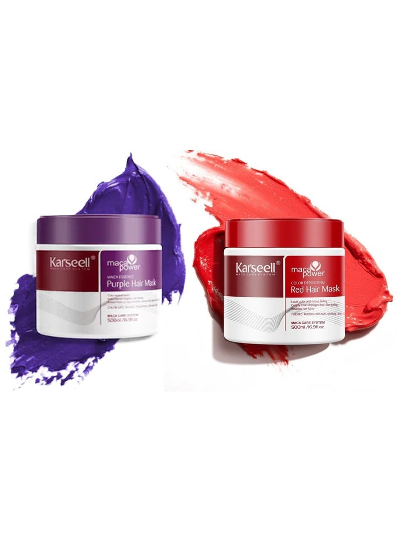Karseell Color Hair Mask Set 2 Pcs | Red Depositing Conditioner 500ml + Maca Power Purple Hair Mask 500ml | Color Boosting & Hydrating Treatment for Color-Treated Hair - Image 1