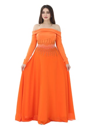 A luxurious evening dress in the classic orange design, with long sleeves made of chiffon material and with geometric embroidery at the waist and an elegant collar on the chest to make the difference - pzsku/Z8DCF5EC2E5C7CF7CB8D9Z/45/_/1705336299/8c84a4e7-ad9e-41f1-a548-cb0340981dc9