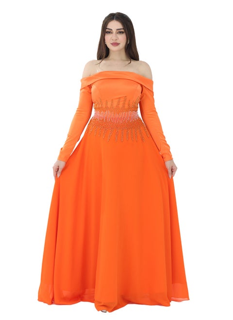 A luxurious evening dress in the classic orange design, with long sleeves made of chiffon material and with geometric embroidery at the waist and an elegant collar on the chest to make the difference