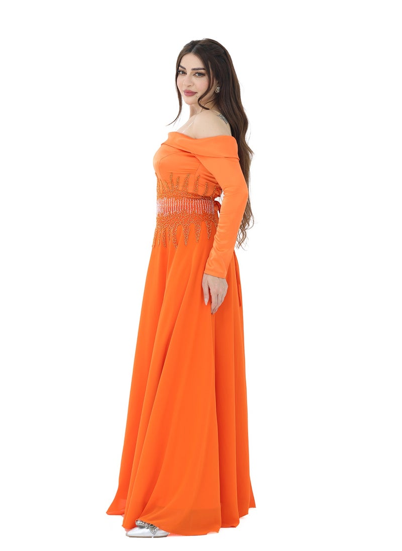 A luxurious evening dress in the classic orange design, with long sleeves made of chiffon material and with geometric embroidery at the waist and an elegant collar on the chest to make the difference