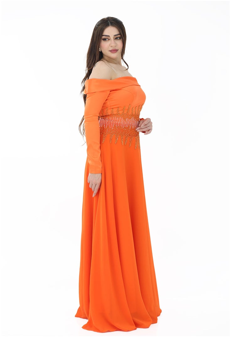 A luxurious evening dress in the classic orange design, with long sleeves made of chiffon material and with geometric embroidery at the waist and an elegant collar on the chest to make the difference