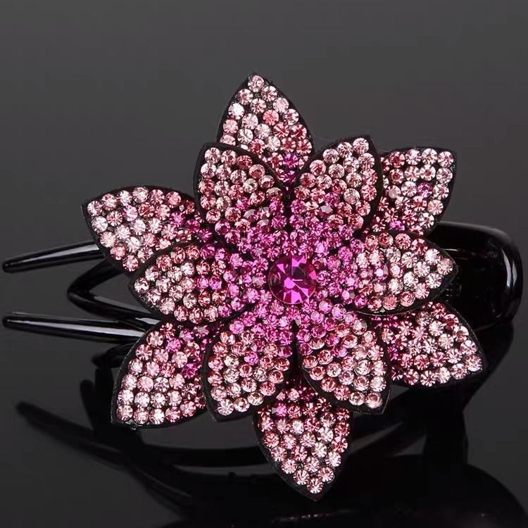 Generic Korean Rhinestone Flower Hair Clip Lotus-Rose Pink 