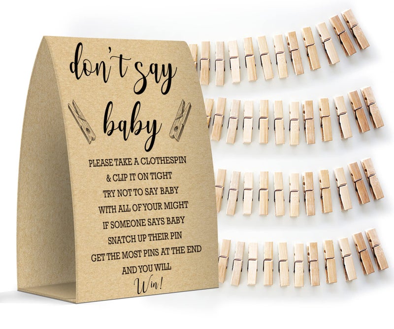 Dont Say Baby Kraft Sign Baby Shower Games Baby Shower Decoration Gender Neutral Baby ShowerOne 5x7 Sign and 50 Mini Clothespins  MsJb006