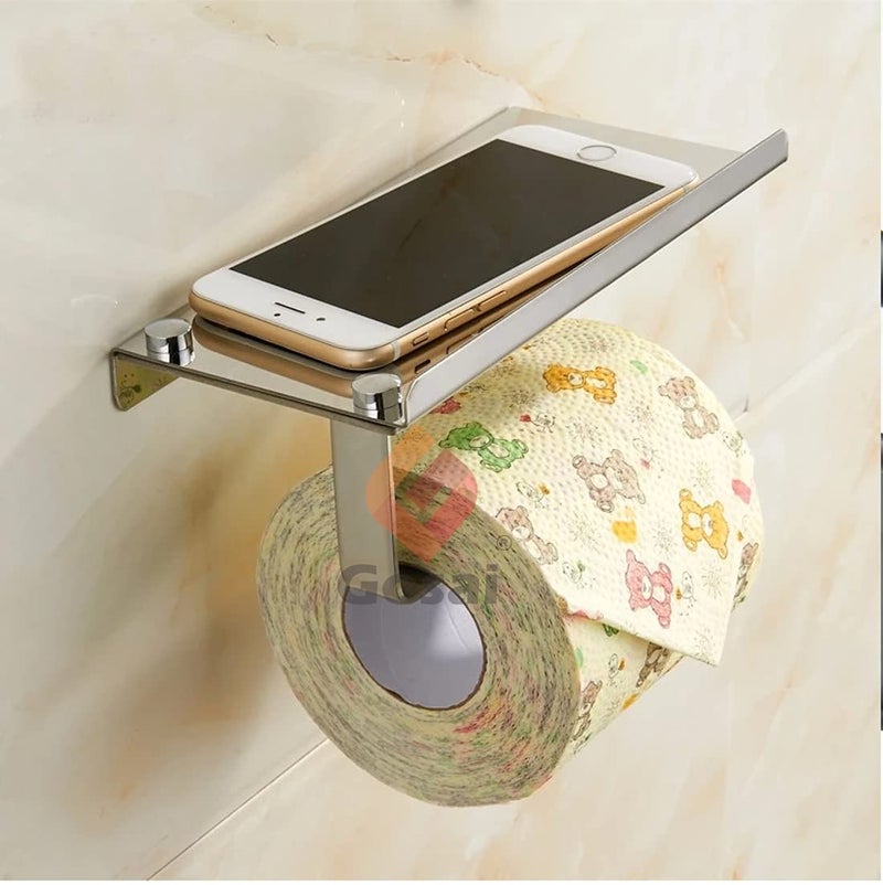 GOSAI Stainless Steel Toilet Paper Holder with Mobile Stand Shelf Bathroom Accessories - Pack of 1 - Image 1