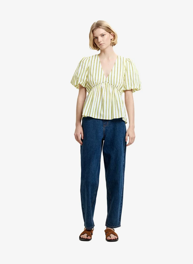 فرنش كونكشن Women's Yellow/Navy Stripe Cambria Cotton Peplum Top