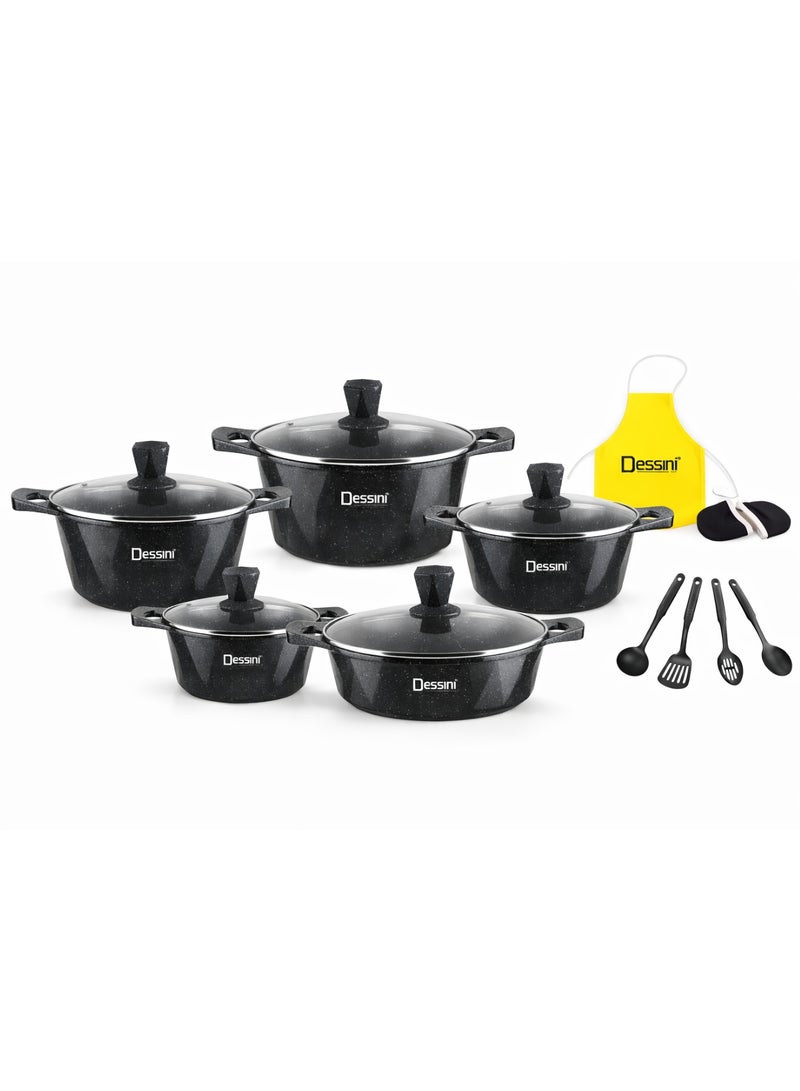 Dessini 17-Piece Granite Cookware Set with Glass Lids & Cooking Tools – Non-Stick Pots and Pans Black
