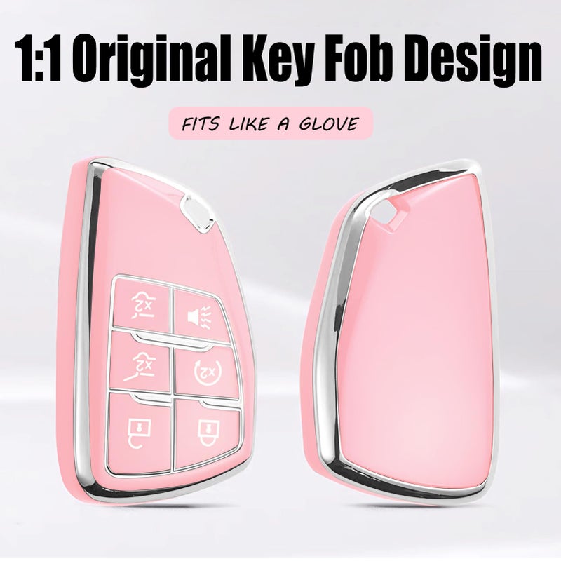Cacacar Key Fob Cover for Chevy GMC with Keychain, Tahoe Suburban Equinox Traverse Yukon Denali Terrain Buick Envision Premium Soft TPU Case (6 Buttons Pink) - Image 5