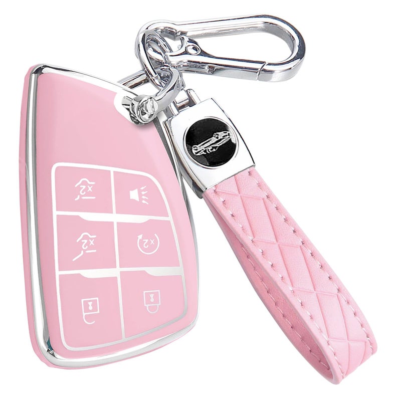 Cacacar Key Fob Cover for Chevy GMC with Keychain, Tahoe Suburban Equinox Traverse Yukon Denali Terrain Buick Envision Premium Soft TPU Case (6 Buttons Pink) - Image 1