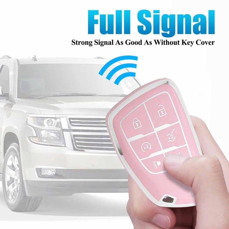Cacacar Key Fob Cover for Chevy GMC with Keychain, Tahoe Suburban Equinox Traverse Yukon Denali Terrain Buick Envision Premium Soft TPU Case (6 Buttons Pink) - Image 3