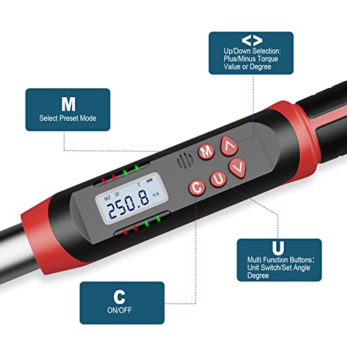 Leolee 1/2-Inch Drive Digital Torque Wrench with Angle, 12.5-250.8 ft-lb/17-340 Nm, Electronic Torque Wrench with Preset Value, Data Storage, Buzzer, LED Flash Notification for Motorcycle, Car - Image 3