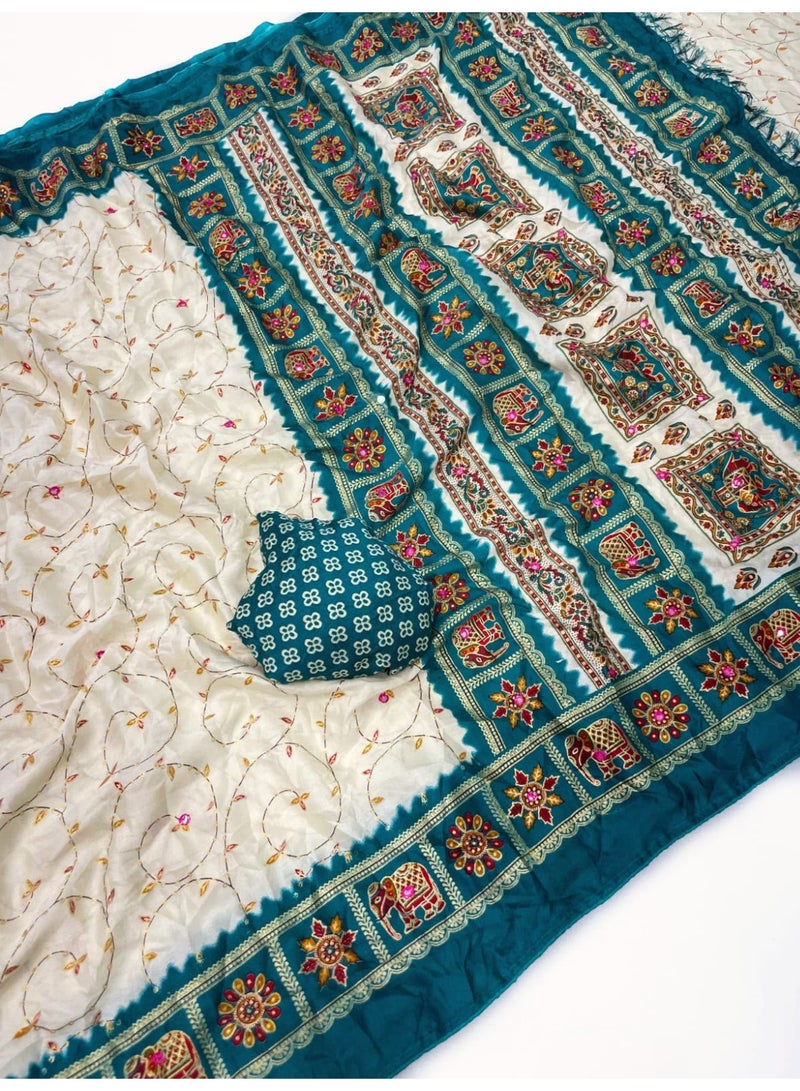 Bandhani Print Saree with Mirror Work and Gold Print - Image 2