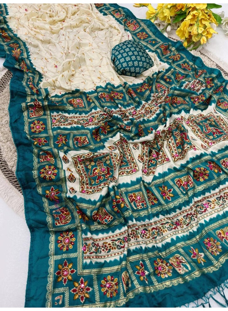 Bandhani Print Saree with Mirror Work and Gold Print - Image 1